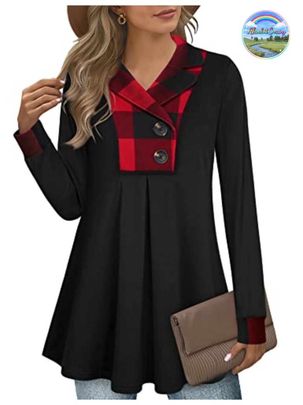 Women's Swing Tunic Notch Collar Button Sweatshirt Long Sleeve Pullover